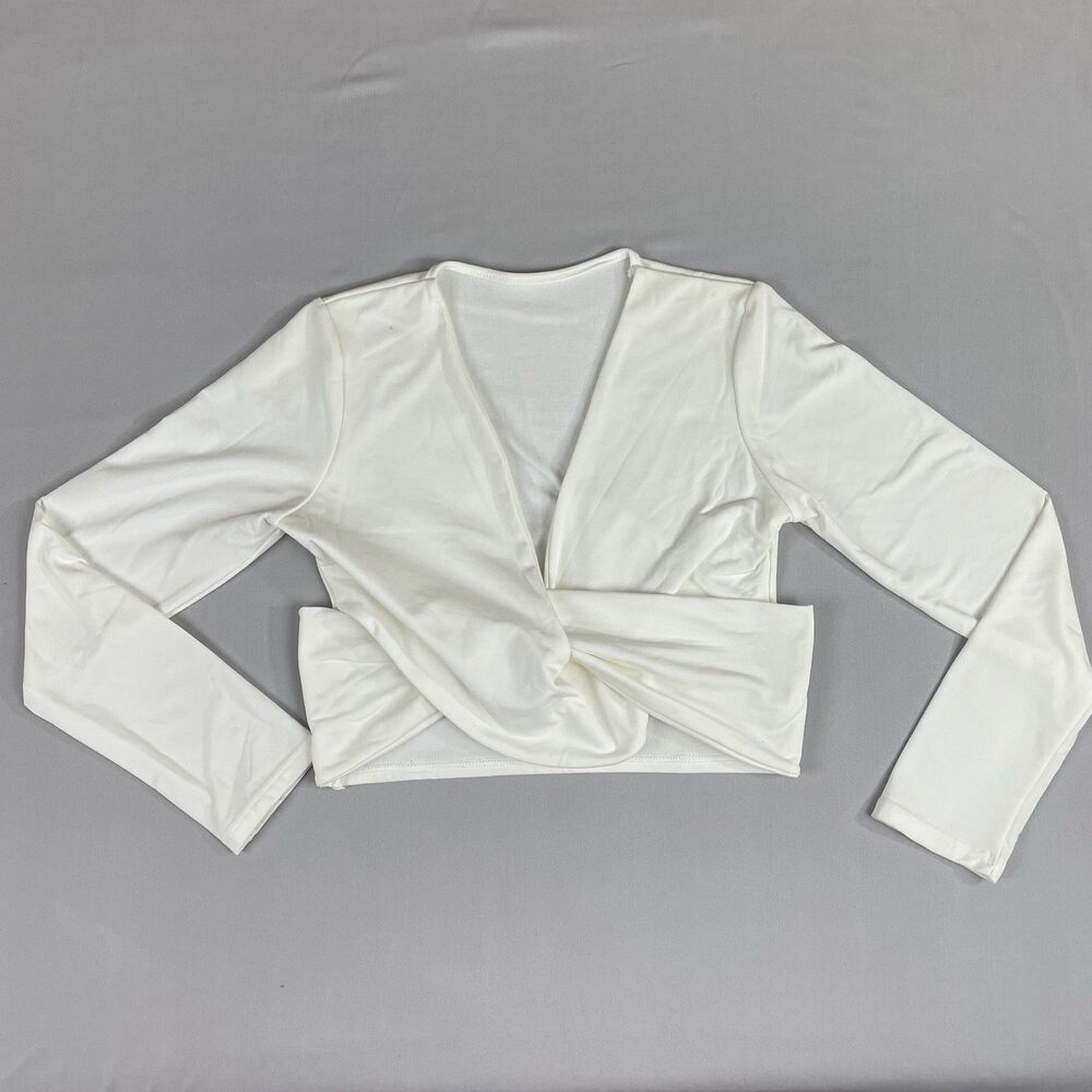 Wrap Crop Top Women’s Large Off White / Cream Ballet Core Long Sleeve Cross Body - Picture 11 of 11